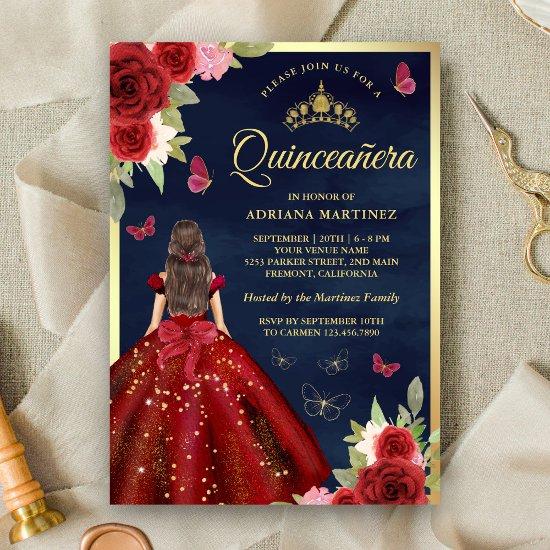 Burgundy Floral Dress Butterfly Navy Quinceanera