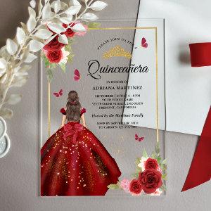 Burgundy Floral Dress Butterfly Quinceanera  Acrylic