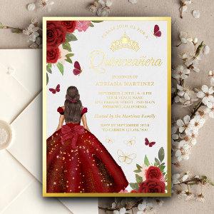 Burgundy Floral Dress Butterfly Quinceanera Gold Foil