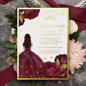 Burgundy Floral Dress Butterfly Quinceanera Gold Foil