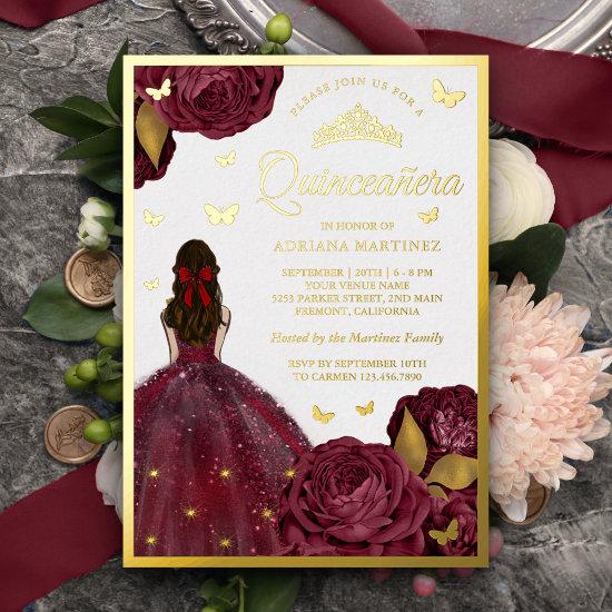 Burgundy Floral Dress Butterfly Quinceanera Gold Foil