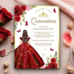 Burgundy Floral Dress Butterfly Quinceanera