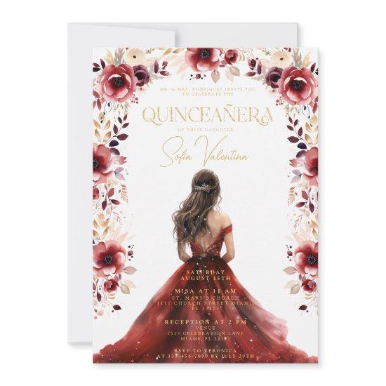 Burgundy Floral Dress Gown Floral Quinceañera
