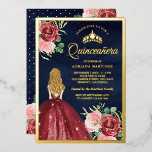 Burgundy Floral Dress Navy Blue Quinceanera Gold Foil