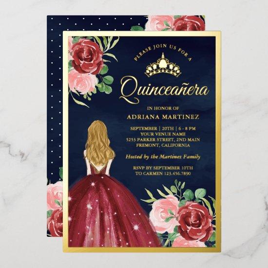Burgundy Floral Dress Navy Blue Quinceanera Gold Foil