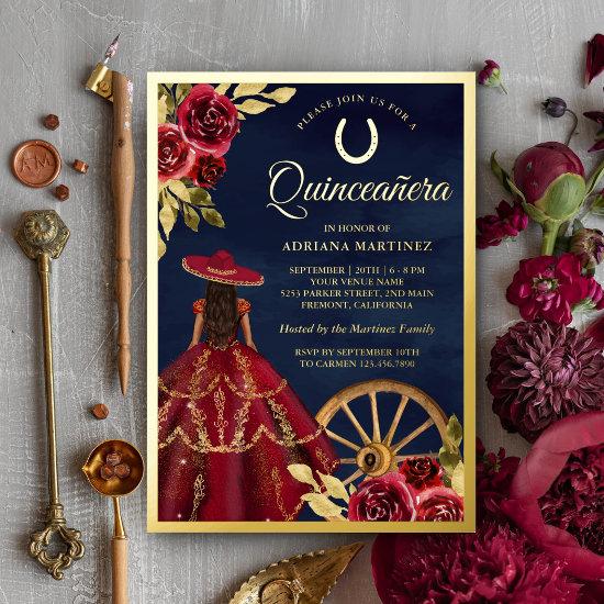 Burgundy Floral Dress Navy Charro Quinceanera Gold Foil