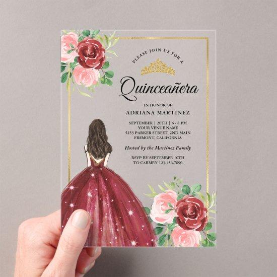 Burgundy Floral Dress Princess Gold Quinceanera Acrylic