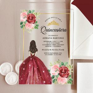 Burgundy Floral Dress Princess Gold Quinceanera Acrylic