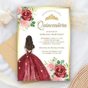 Burgundy Floral Dress Princess Gold Quinceanera