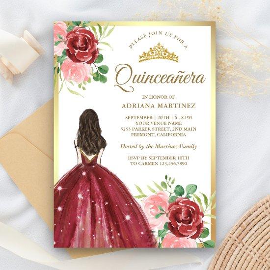 Burgundy Floral Dress Princess Gold Quinceanera