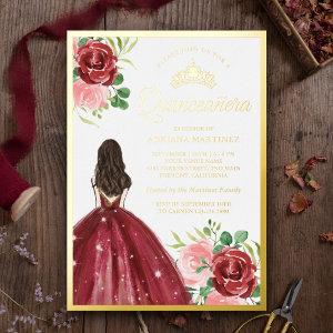 Burgundy Floral Dress Princess Quinceanera Gold Foil