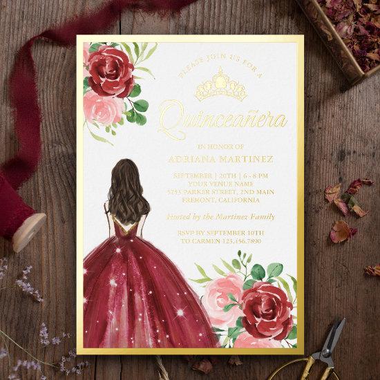 Burgundy Floral Dress Princess Quinceanera Gold Foil