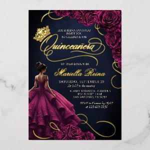 Burgundy Floral Dress Quinceañera Foil