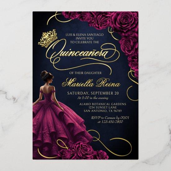 Burgundy Floral Dress Quinceañera Foil