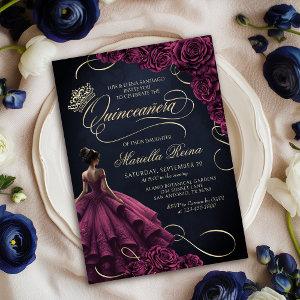 Burgundy Floral Dress Quinceañera
