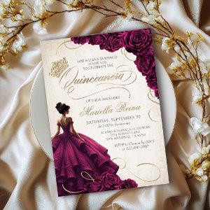 Burgundy Floral Dress Quinceañera