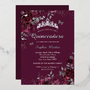 Burgundy Floral Elegant Silver Quinceanera Foil