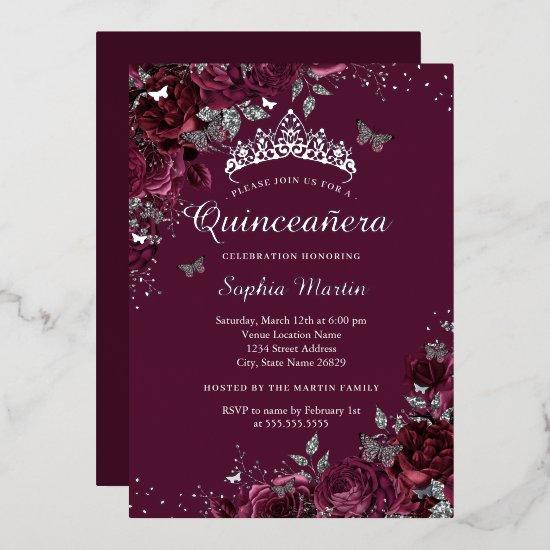 Burgundy Floral Elegant Silver Quinceanera Foil