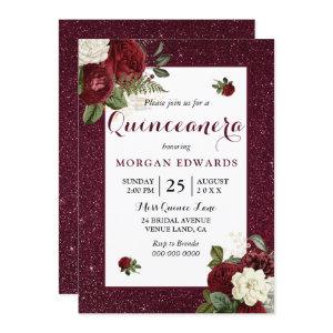 Burgundy Floral Faux Metallic Quinceanera Invite