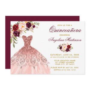 Burgundy Floral Glitter Dress Gold Quinceanera