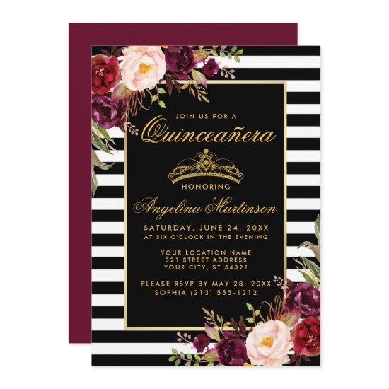 Burgundy Floral Gold Crown Stripes Quinceanera