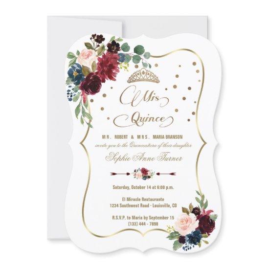 Burgundy Floral Gold Mis Quince Script Quinceañera