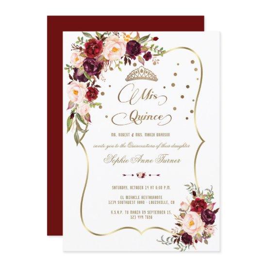 Burgundy Floral Gold Mis Quince Script Quinceañera