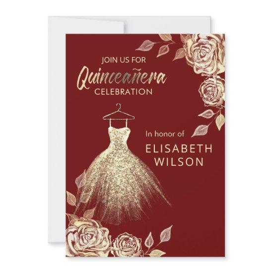 Burgundy Floral gold sequins dress Quinceañera  In
