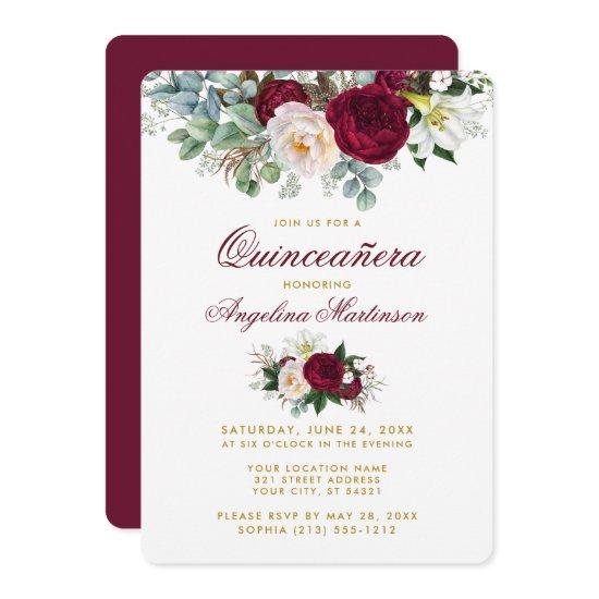 Burgundy Floral Greenery Gold Quinceanera