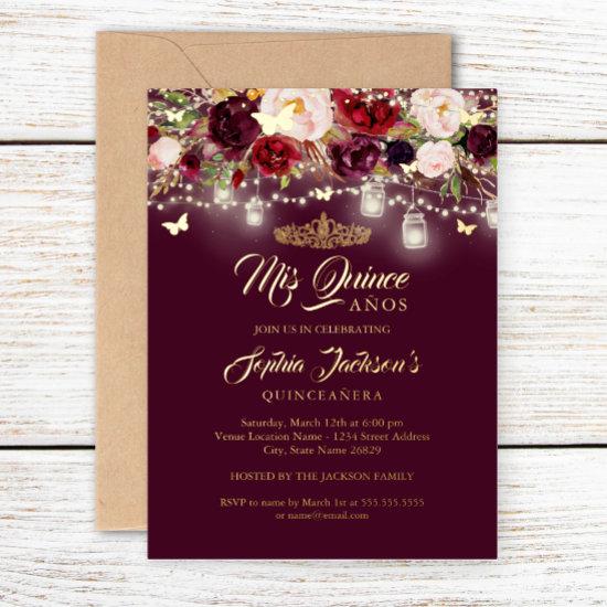Burgundy Floral Lights Quinceanera Foil