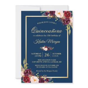 Burgundy Floral Navy Blue Quinceanera Birthday