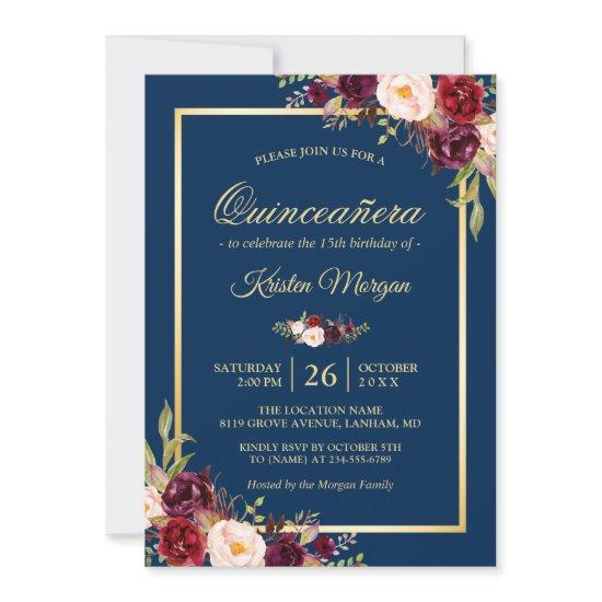 Burgundy Floral Navy Blue Quinceanera Birthday