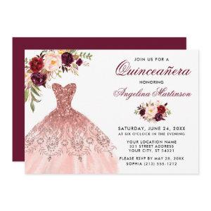 Burgundy Floral Pink Glitter Dress Quinceanera
