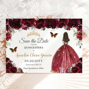 Burgundy Floral Princess Gold Quinceañera Sweet 16 Save The Date