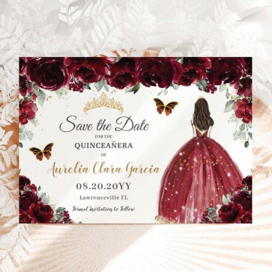 Burgundy Floral Princess Gold Quinceañera Sweet 16 Save The Date