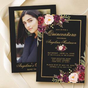 Burgundy Floral Quinceanera Black Gold Photo Back