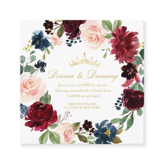 Burgundy floral Quinceañera Dinner & Dancing card