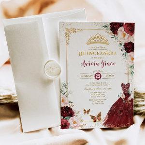 Burgundy Floral Quinceañera Princess Mis Quince