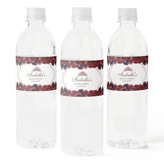 Burgundy Floral Quinceanera Water Bottle Label