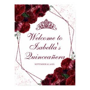 Burgundy Floral Quinceanera Welcome Sign