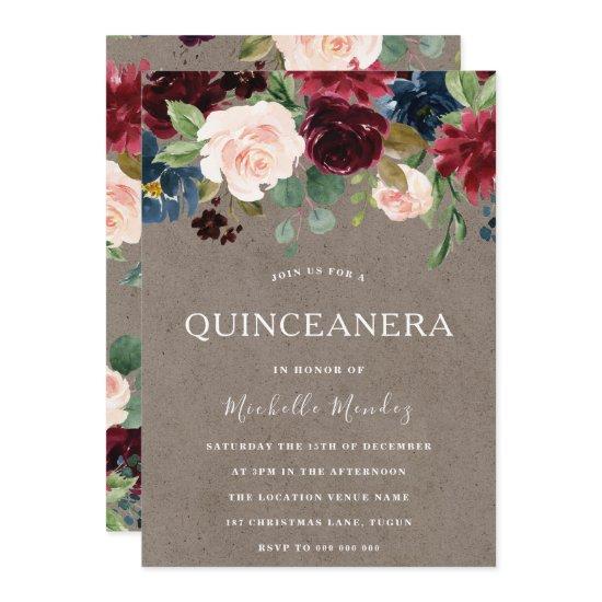 Burgundy Floral Rustic Quinceanera 15th Birthday