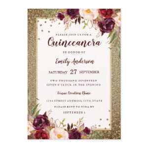 Burgundy floral Sparkle Gold Quinceanera Invite