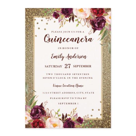 Burgundy floral Sparkle Gold Quinceanera Invite