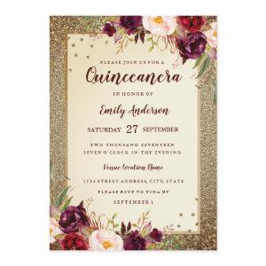 Burgundy floral Sparkle Gold Quinceanera Invite