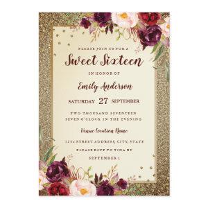 Burgundy floral Sparkle Gold Sweet Sixteen Invite