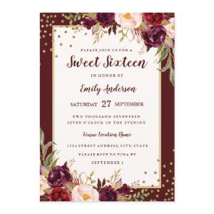 Burgundy Floral Sparkle Sweet Sixteen Invite