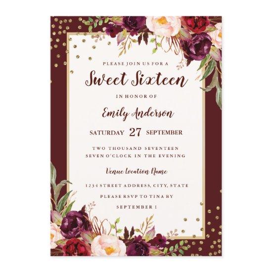 Burgundy Floral Sparkle Sweet Sixteen Invite