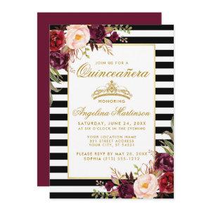 Burgundy Floral Stripes Quinceanera Gold Crown