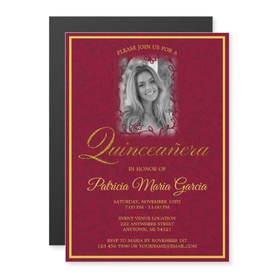 Burgundy floral vines photo quinceanera magnetic