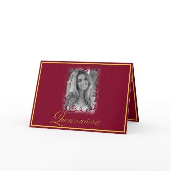 Burgundy floral vines with photo quinceanera card